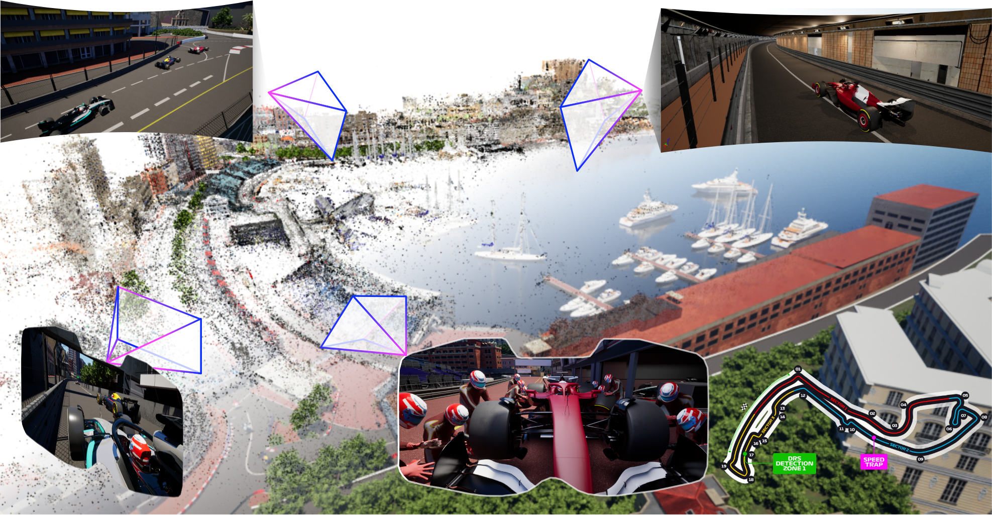 Trackside, onboard, and drone viewpoints of the Monaco4D benchmark, reconstructed by FastFlowGS